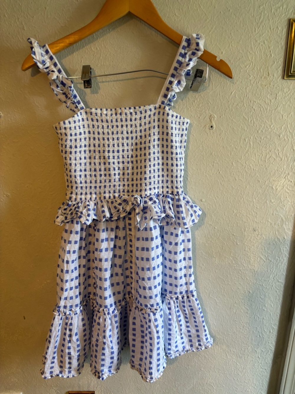 CELINA MOON Blue & White Smocked Ruffle Mini Dress